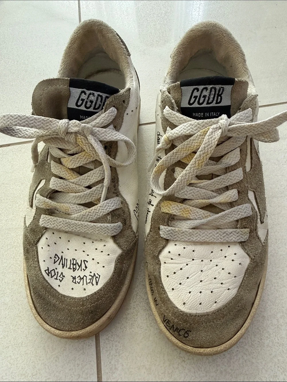 GGDB Super-Star Distressed Sneakers in White & Taupe